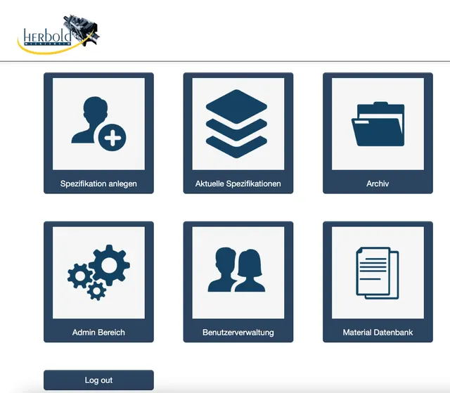 Startmenü der internen Herbold-Plattform: Spezifikation anlegen, aktuelle Spezifikationen, Archiv, Admin-Bereich, Benutzerverwaltung und Materialdatenbank