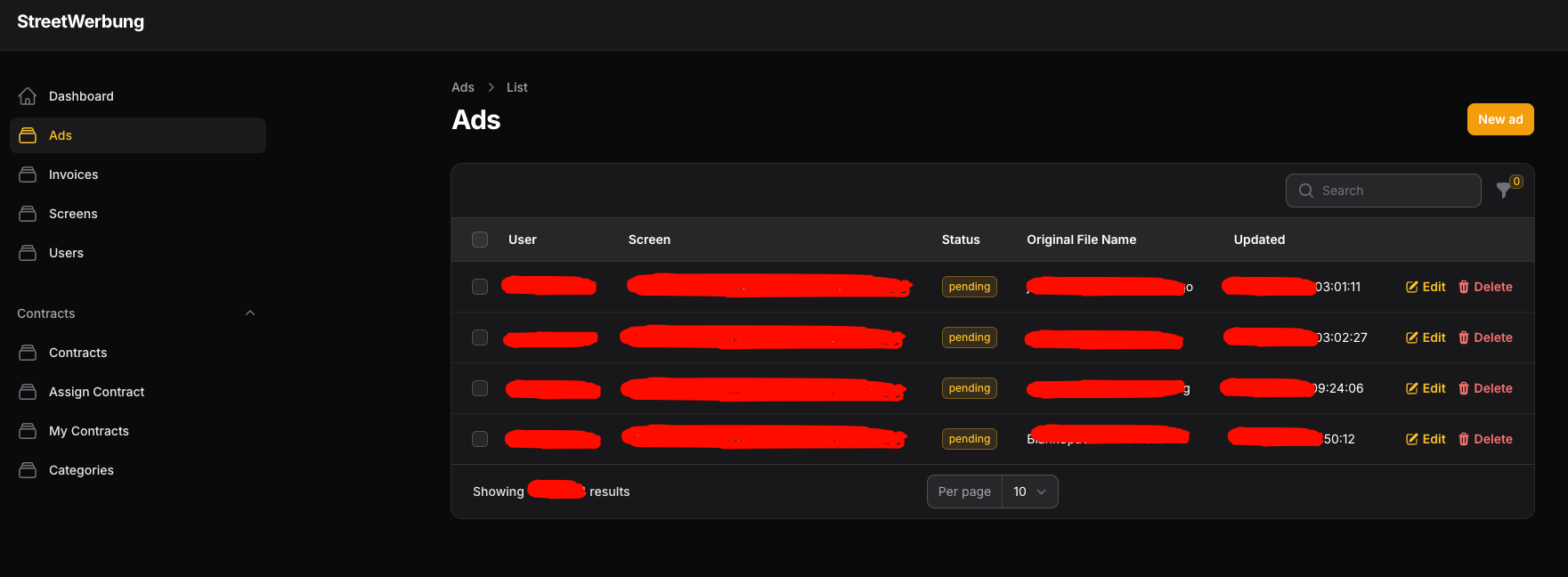 interne-platform-streetwerbung-ads-management Interne Verwaltungsplattform von StreetWerbung zur Steuerung digitaler Werbescreens und Kampagnen